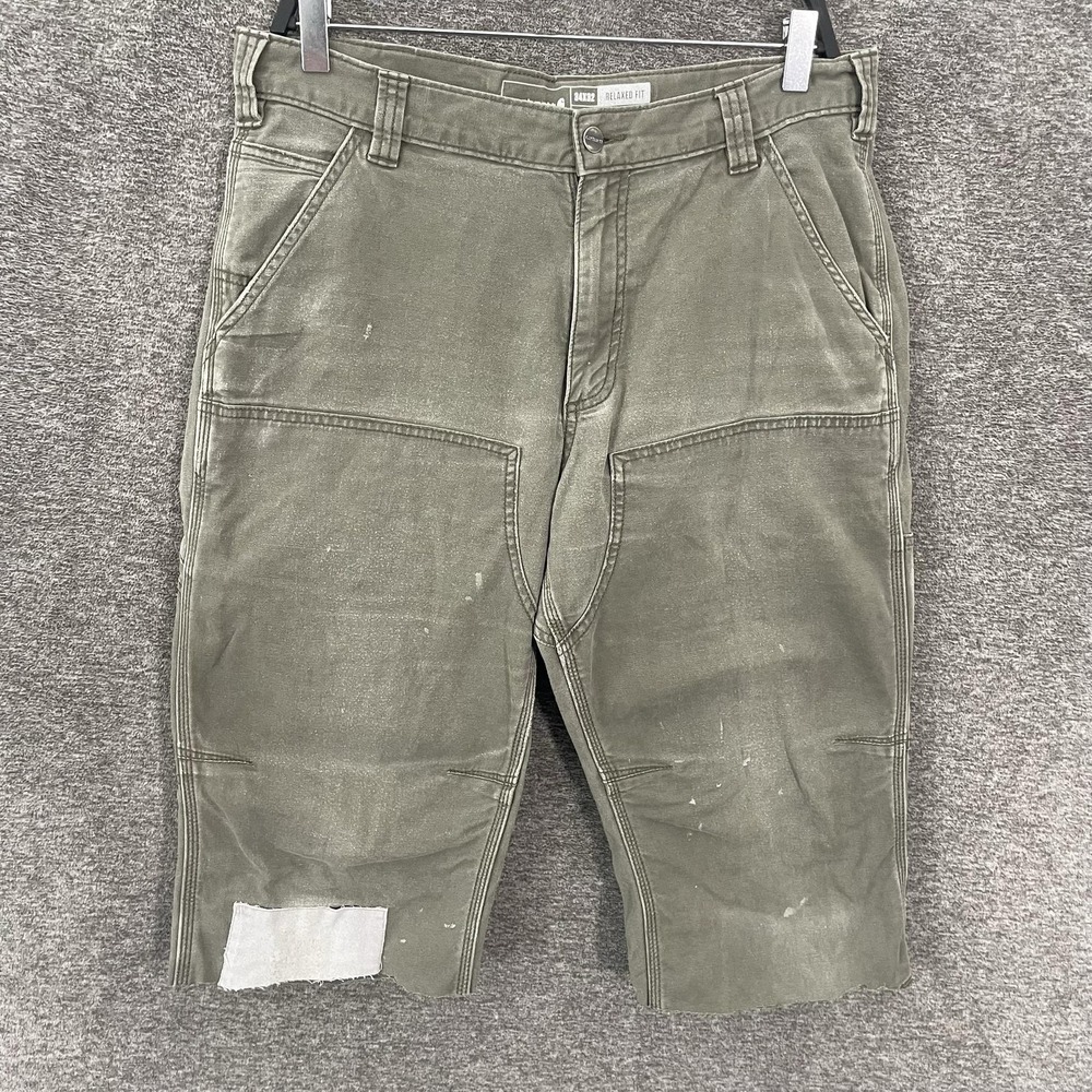 Carhartt Rugged Flex Pants Mens 34 Cut Shorts Green Double Front Workwear Stains
